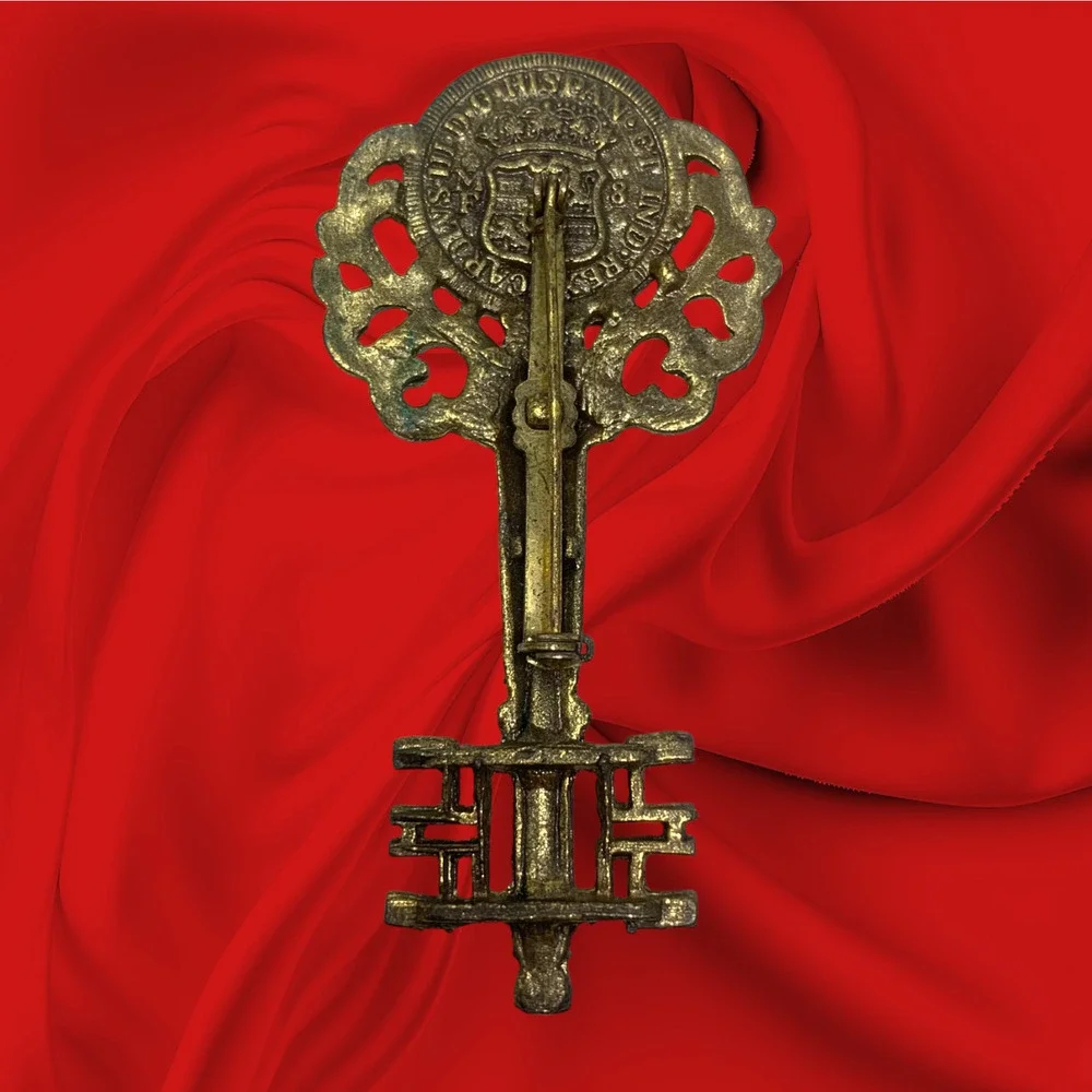 Vintage 1980's Antiqued Bronze Key Shaped Brooch Faux South American Coin